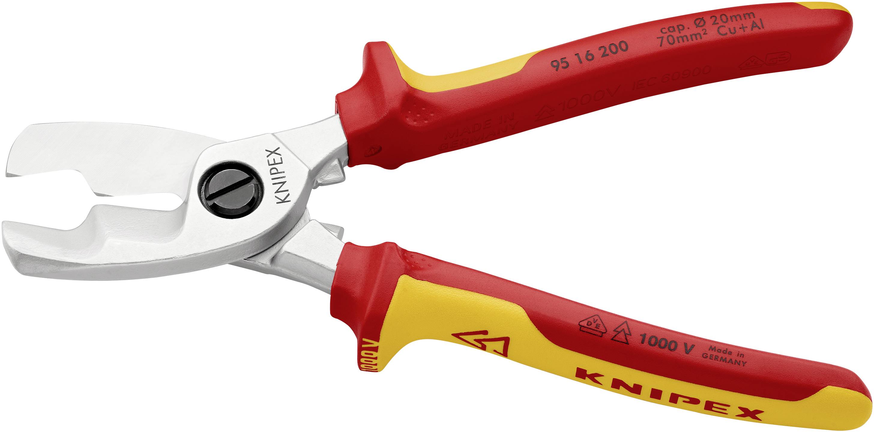'Knipex' Abmantel-Werkzeug mit gelb-rotem Griff, zum Abisolieren und Schneiden von Kabeln. Enthält Isolierschutz für sicheres Arbeiten.