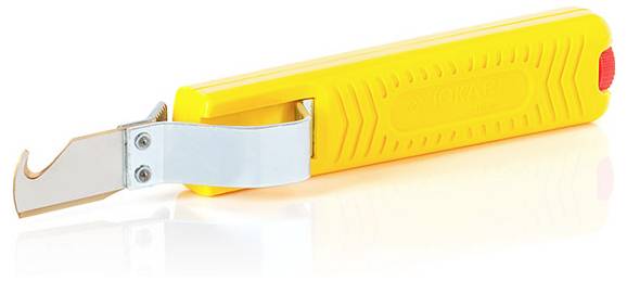 Ein gelber Cuttermesser mit einer teilweise ausgefahrenen Metallklinge, das zum sicheren Schneiden von Verpackungsmaterialien entwickelt wurde.