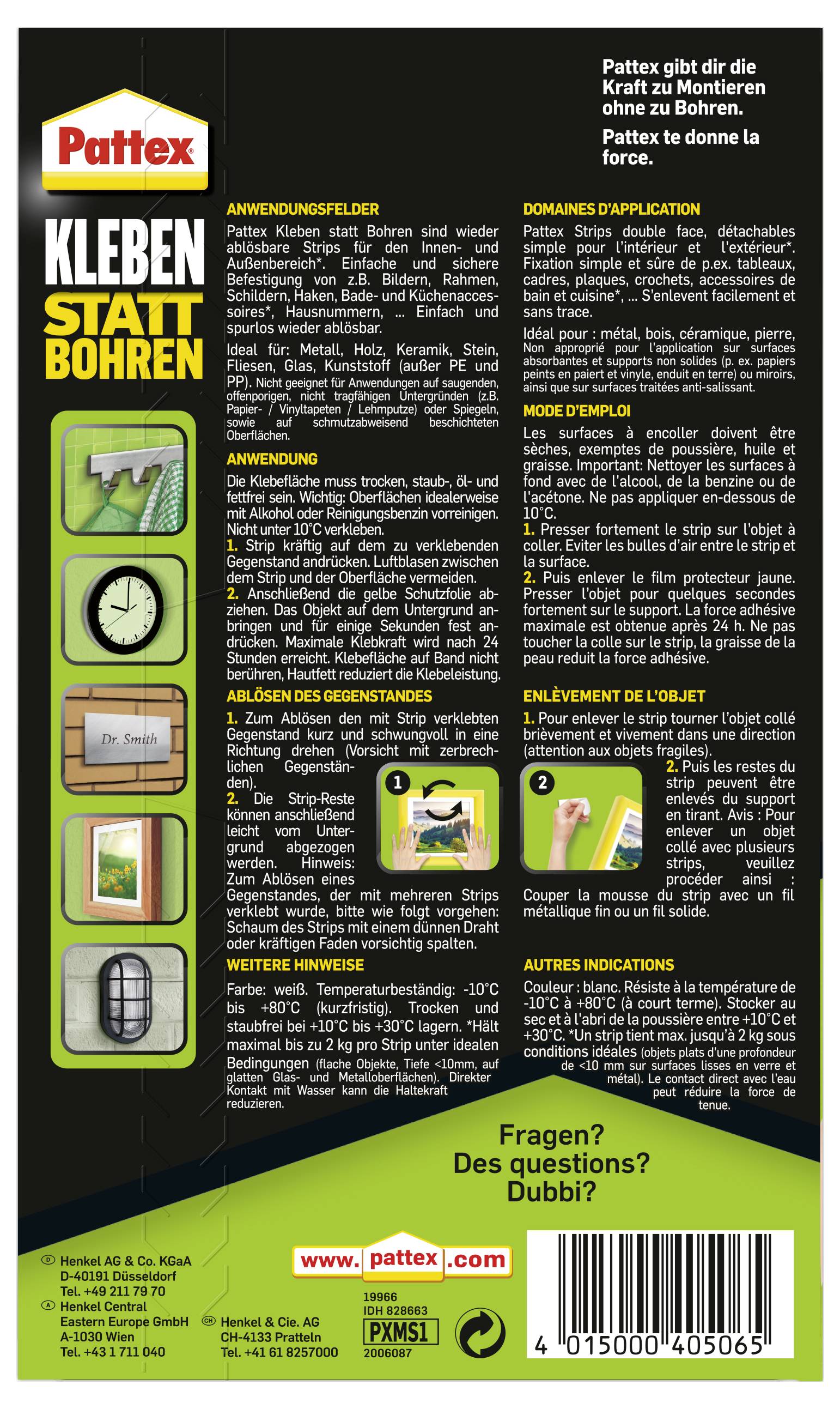 Verpackung für 'Pattex Kleben statt Bohren' Klebstoff. Enthält Illustrationen verschiedener Anwendungsmöglichkeiten, Gebrauchsanweisung und Warnhinweise in mehreren Sprachen.