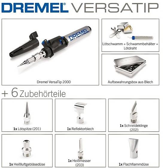 Lötkolben mit Zubehörset: Dremel VersaTip 2000 und sechs Zubehörteile, inklusive Lötkolbenspitzen, Reflektordüse und Schneideklinge.
