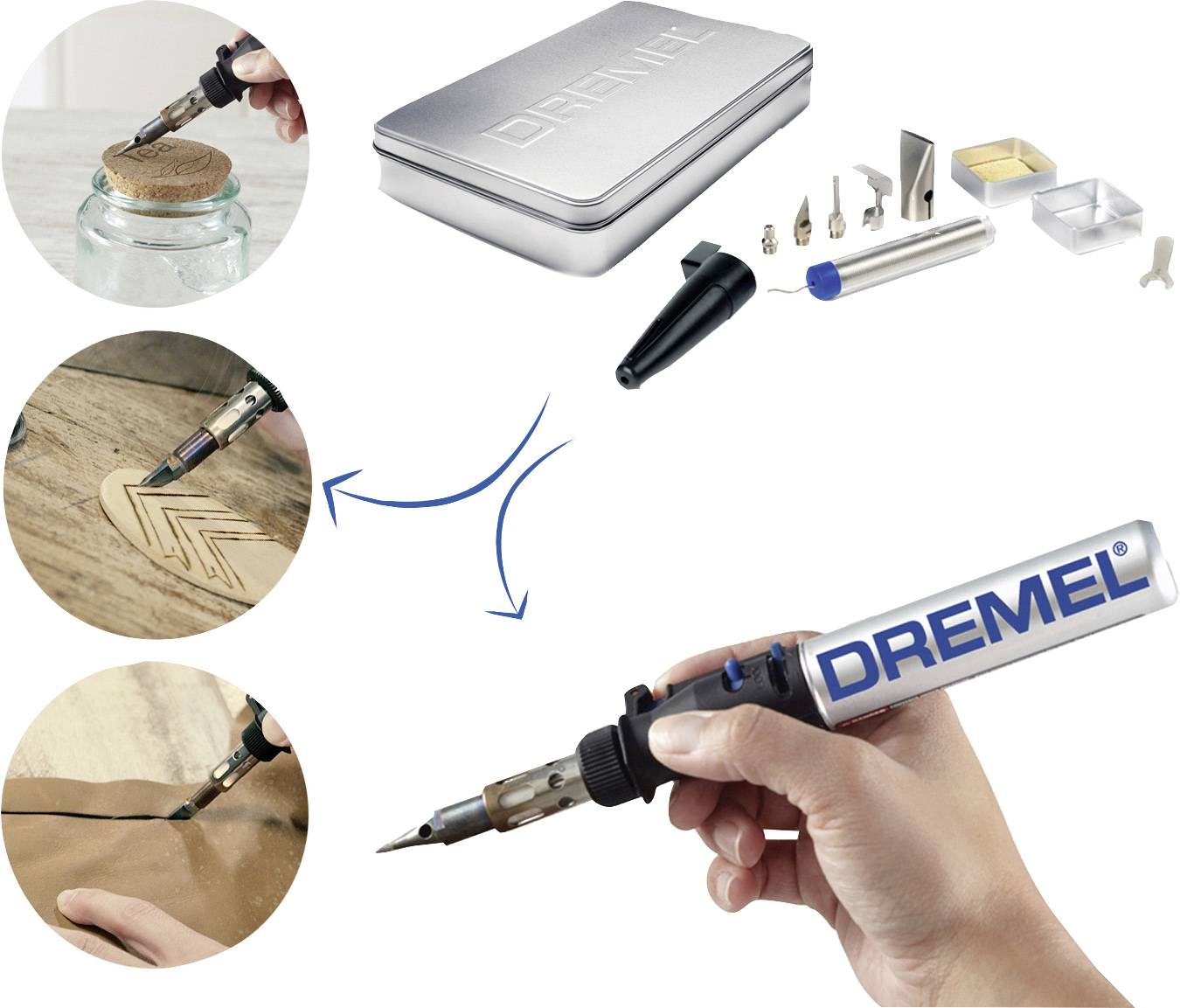 Dremel-Lötkolben-Set mit verschiedenen Aufsätzen und Anwendungen: Holzgravur, Lederprägung, Glasverzierung. Ideal für Handwerksprojekte.