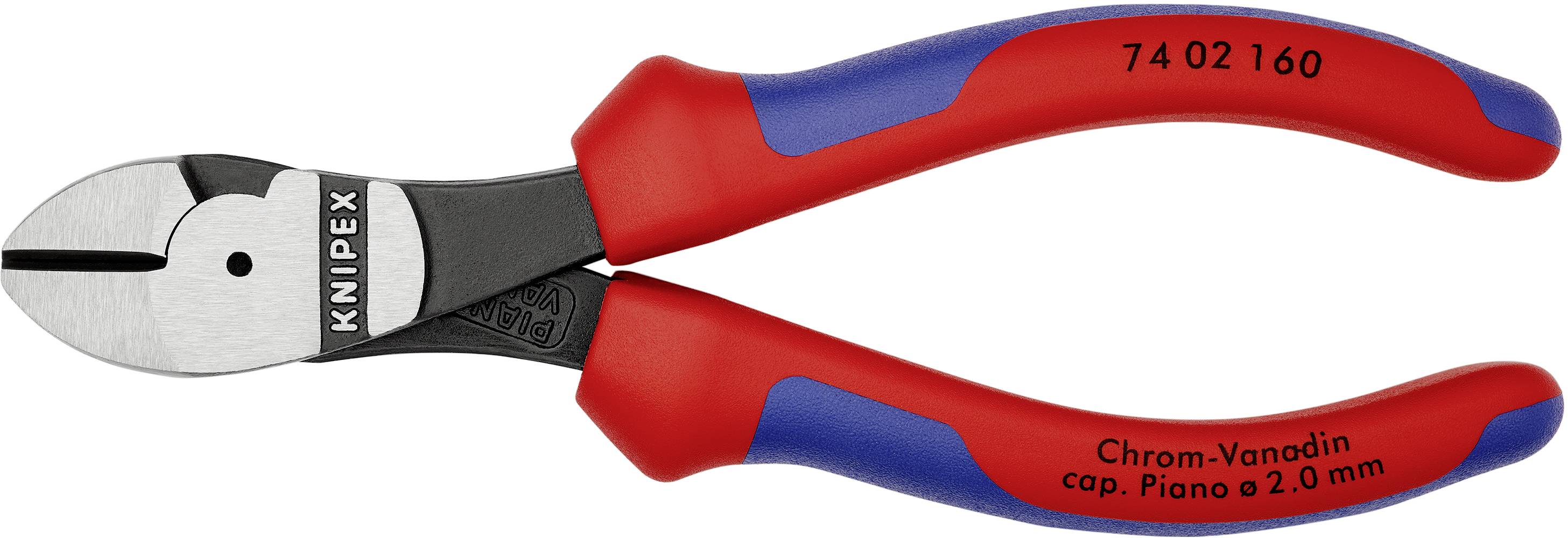 Zange mit rot-blauem Griff, Knipex-Logo auf Werkzeugkopf. Geeignet für Drahtschneiden bis 2,0 mm, Modellnummer 74 02 160.