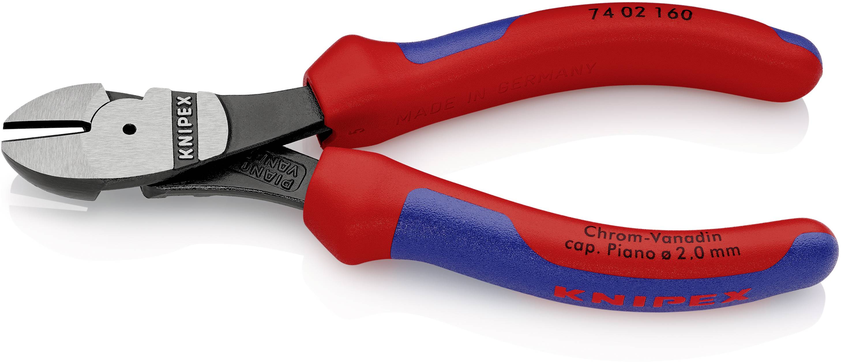 Knipex-Seitenschneider mit roten und blauen Griffen, geeignet für Kabel und Drähte bis 2,0 mm; Artikelnummer und Material auf Griff.