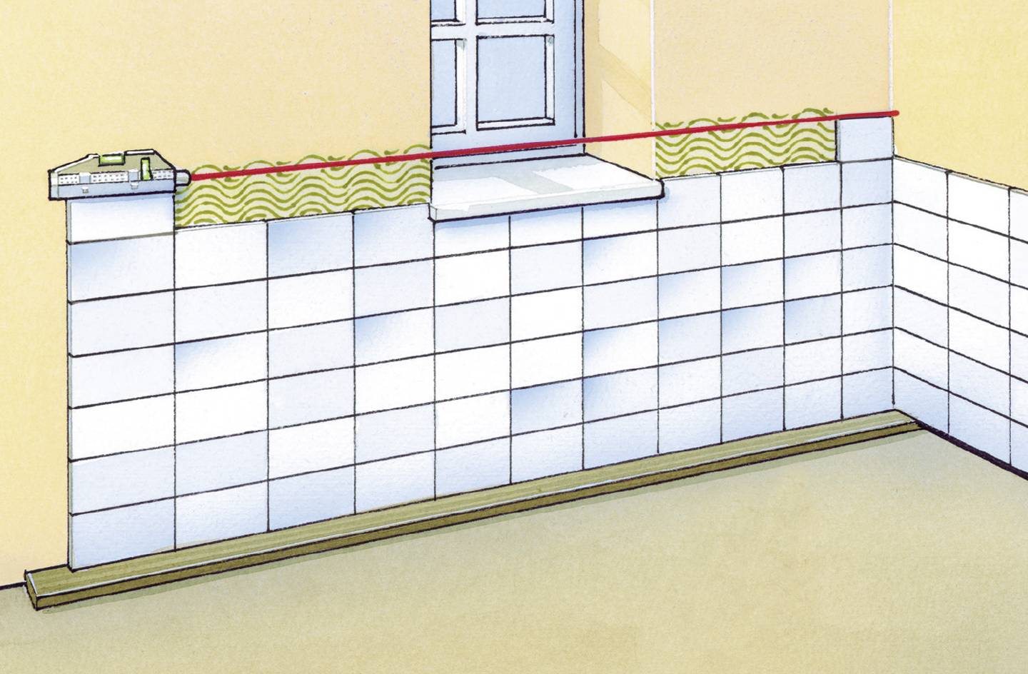 Fliesenanordnung an einer Wand mit Fenster, Wasserwaage oben; Fliesenkleber sorgt für Nivellierung und Ausrichtung der Fliesen.