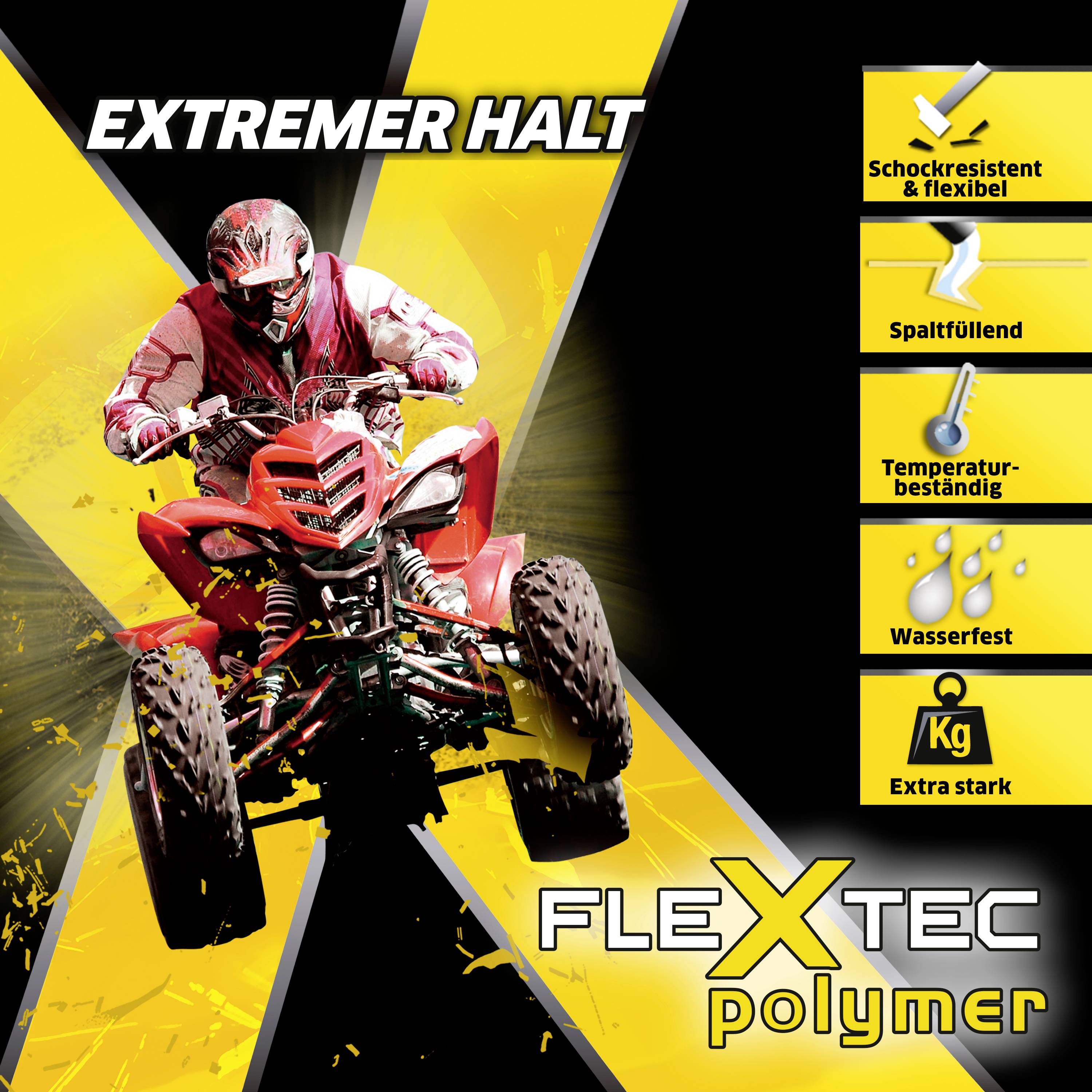 Ein Fahrer auf einem Quad fährt dynamisch. Text: 'Extremer Halt', 'FLEXtec polymer'. Eigenschaften: schockresistent, spaltfüllend, wasserfest, extra stark.