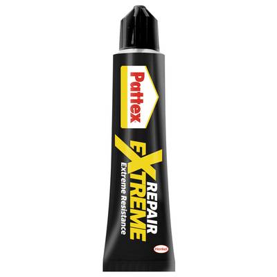 Eine schwarze Tube mit der Aufschrift 'Pattex Repair Extreme' in weißer und gelber Schrift, mit dem Hinweis 'Extreme Resistance' und dem Henkel-Logo am unteren Rand.