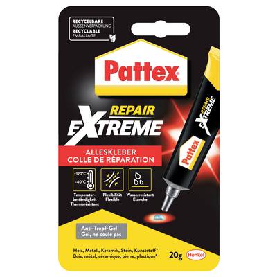 Pattex Repair Extreme Kleber Verpackung, die die Tube und Eigenschaften wie Temperaturstabilität, Flexibilität und Wasserdichtigkeit zeigt.