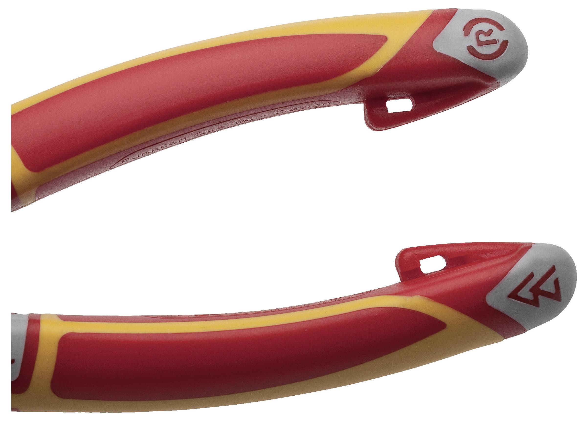 Zwei Plastikgriffe, einer rot und gelb mit einer geschwungenen Gestaltung, die ein 'R'-Symbol enthält, und der andere ähnlich mit einem Pfeilsymbol.