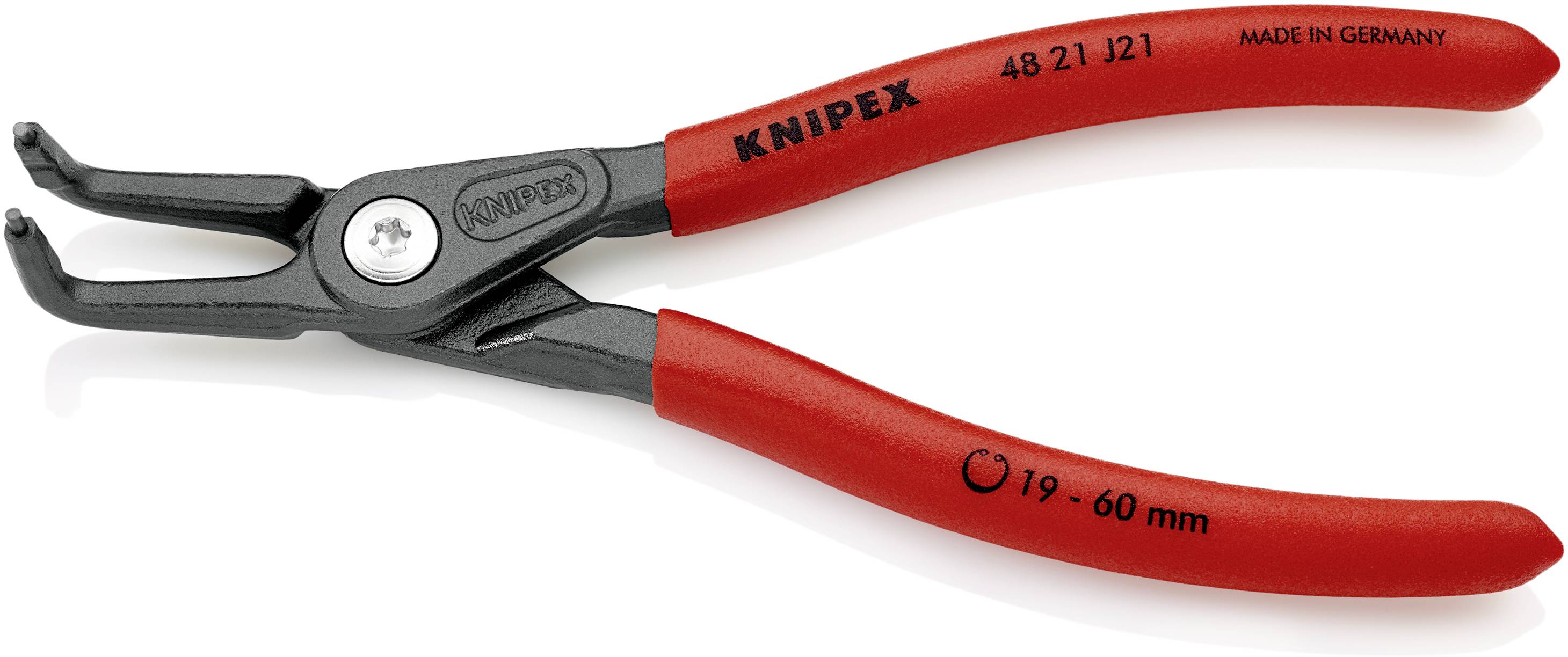 Rote Sicherungsringzange von Knipex, Modell 48 21 J21, geeignet für Wellen von 19 bis 60 mm, hergestellt in Deutschland.