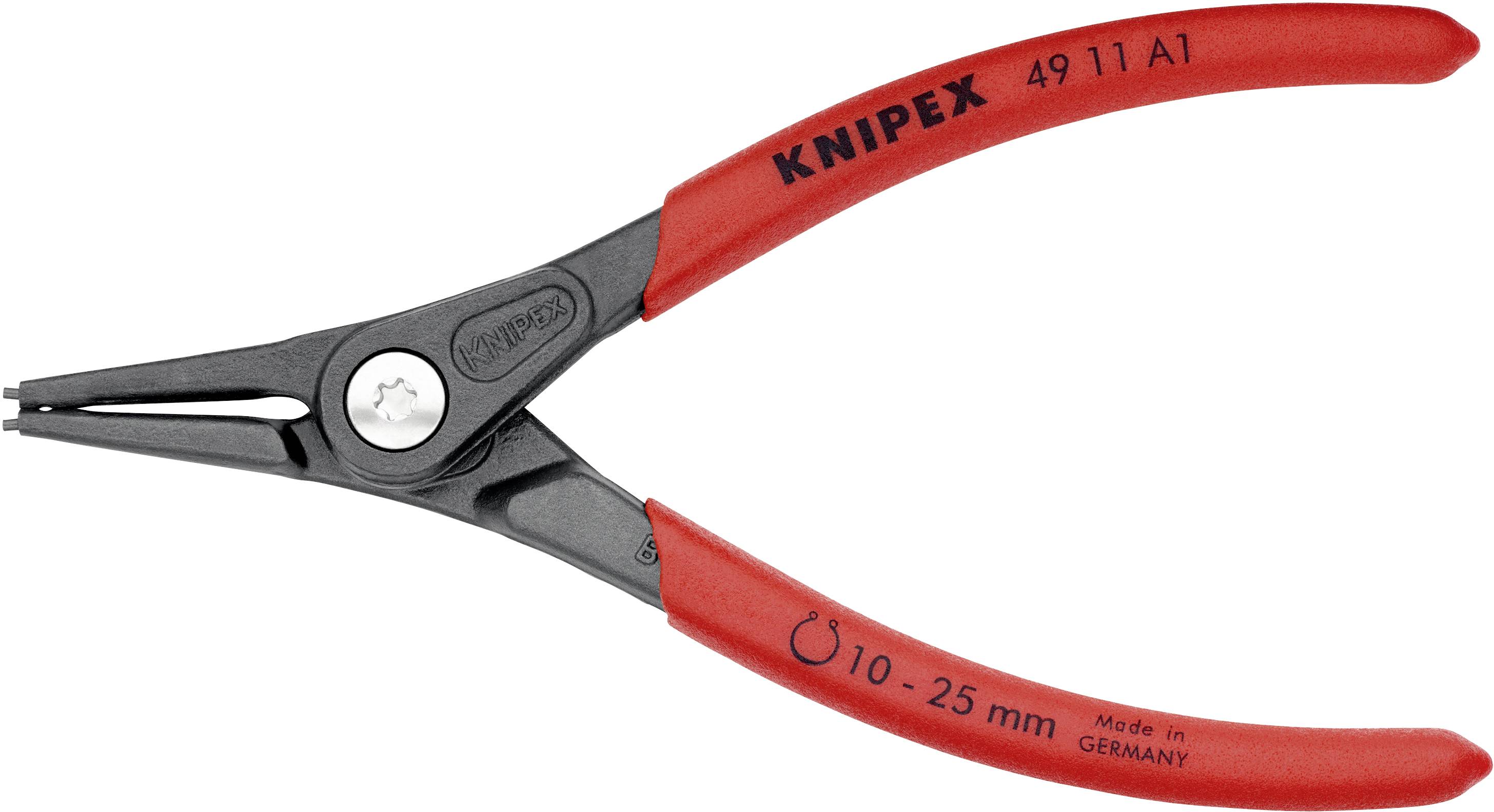 Eine rote Knipex-Zange, Modell 49 11 A1, mit schwarzem Mittelteil, geeignet für Innenringe von 10 bis 25 mm, hergestellt in Deutschland.