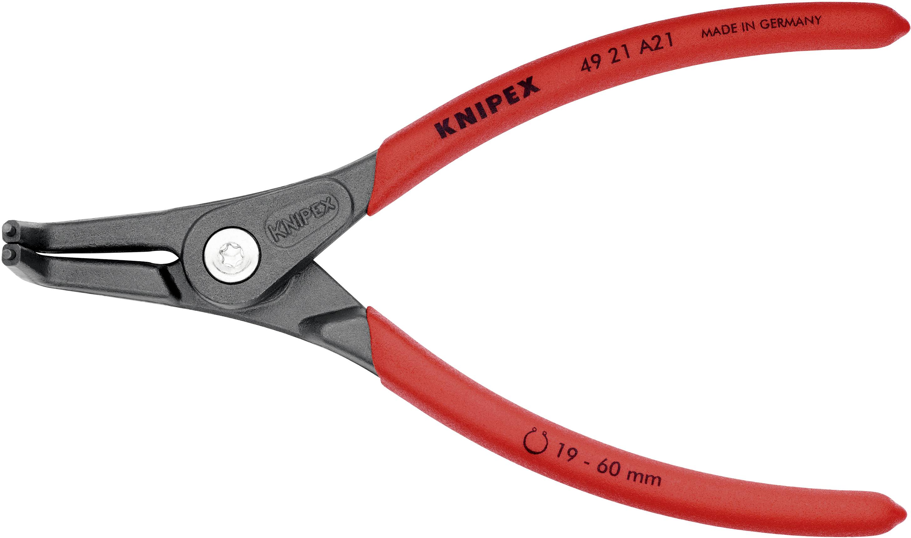 Eine rote Sicherungsringzange der Marke Knipex, Modell 49 21 A21, geeignet für Ringe von 19 bis 60 mm, 'Made in Germany'.