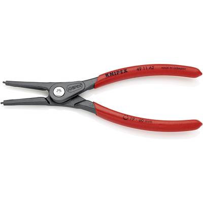 Eine rote Seegeringzange der Marke Knipex, mit schwarzen greifarmen, auf denen '19-60 mm' steht. Die Zange ist auf einem weißen Hintergrund.