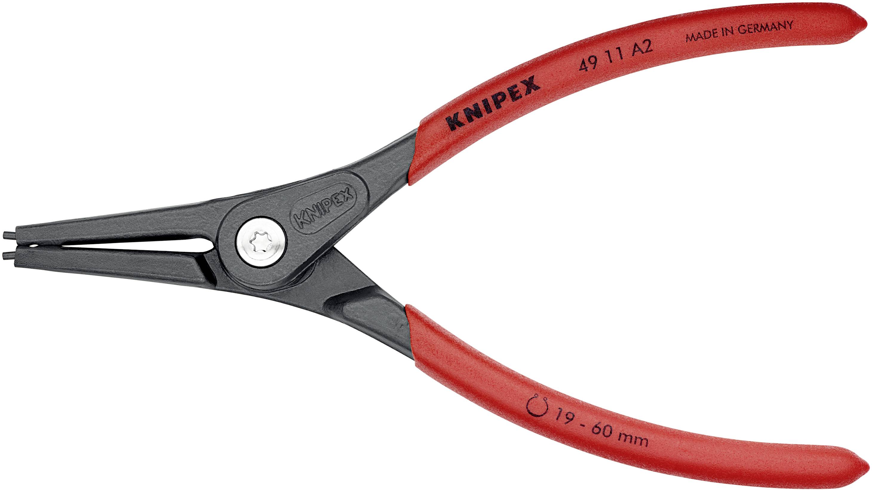 Eine rote und schwarze Sicherungsringzange der Marke Knipex, Modell 49 11 A2, geeignet für Sicherungsringe von 19 bis 60 mm, "Made in Germany".