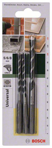 Bohrer-Set von Bosch mit drei unterschiedlichen Größen (5/6/8 mm) für universellen Einsatz auf Materialien wie Stein, Holz und Metall.