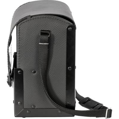 Eine schwarze, rechteckige Ledertasche mit Riemen und Schnalle, seitlich betrachtet.