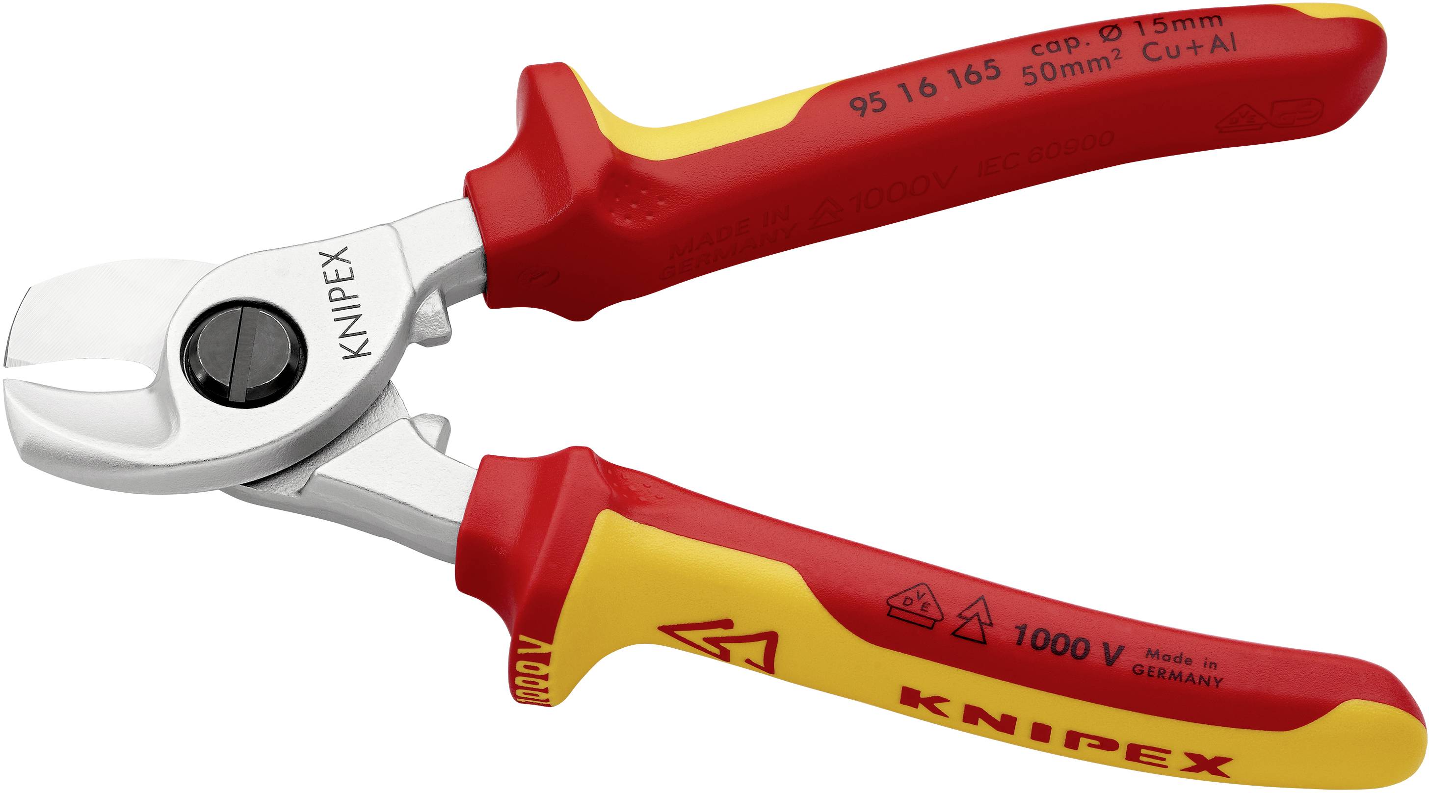 Eine rote und gelbe KNIPEX Kabelschere mit isolierten Griffen, geeignet für Kupfer- und Aluminiumkabel bis 50 mm², mit VDE-Siegel.