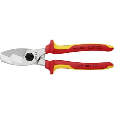 Isolierte KNIPEX Kabelschneider, rot-gelb, für CU/AL Drähte bis 70 mm². Geprüft bis 1000V. Hergestellt in Deutschland.