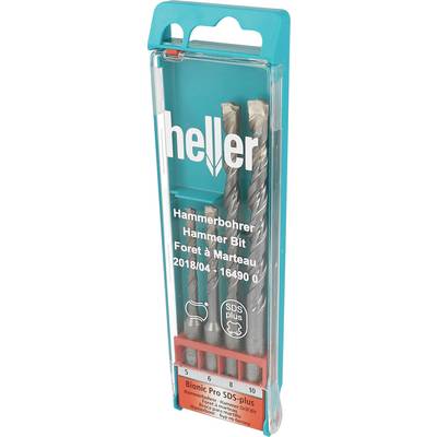 Packaged Schlagbohrer-Set in einem durchsichtigen Kunststoffkoffer, mit zwei Bits mit den Beschriftungen „heller" und „Hammerbohrer Hammer Bit Foret à Marteau 2018/04 - 16490 0".