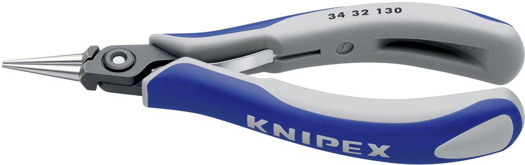 Eine blau-graue Knipex-Zange mit schmalen, spitz zulaufenden Backen, geeignet für präzise Arbeiten. Produktnummer: 34 32 130.
