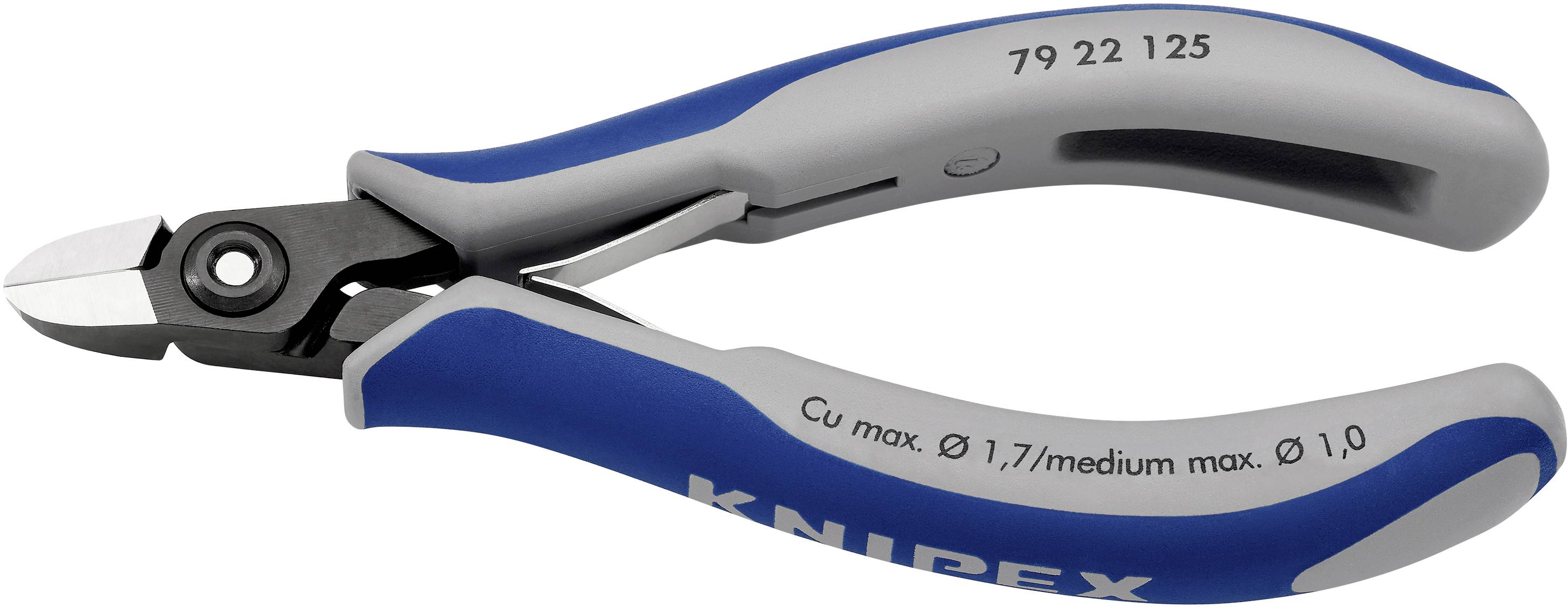 'Seitenschneider mit blauen Griffen, geeignet für maximal Ø 1,7 mm bei Kupferdrähten und maximal Ø 1,0 mm bei mittleren Härten.'
