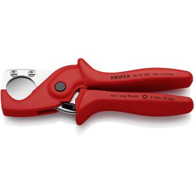 Rote Kunststoff-Rohrschere mit scharfer Klinge. Geeignet für Rohre bis 25 mm Durchmesser. Aufschrift 'nur/only Plastic'.