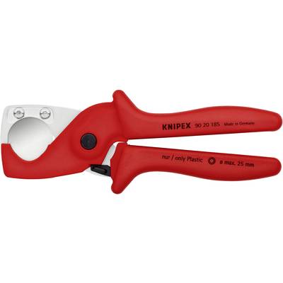 Roter Kunststoffrohrschneider mit Klingenöffnung, geeignet für maximal 25 mm Durchmesser, mit Aufschrift 'Knipex' und 'nur/only Plastic'.
