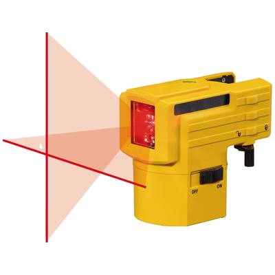 Gelbes Lasernivelliergerät projiziert rote Laserlinien in einem Kreuzmuster.