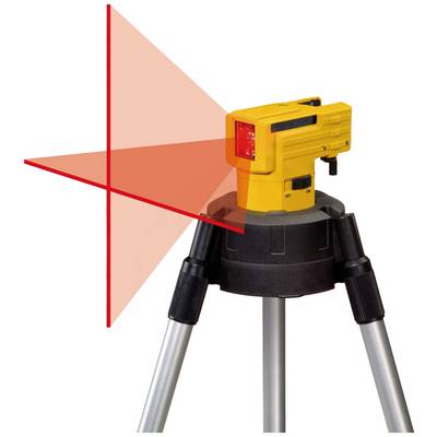 Gelber Kreuzlinienlaser auf Stativ projiziert rote horizontalen und vertikalen Linien auf eine Fläche.