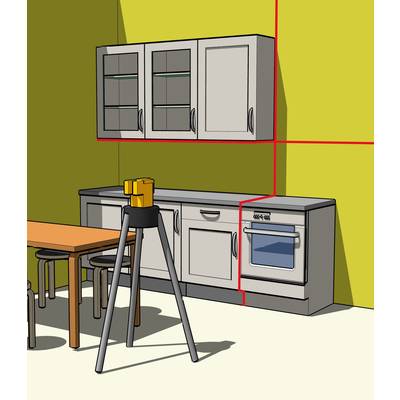 Eine Küche mit gelben Wänden. Im Vordergrund ein Laser-Nivelliergerät auf einem Stativ, das anzeigt, ob Wände und Schränke eben sind.