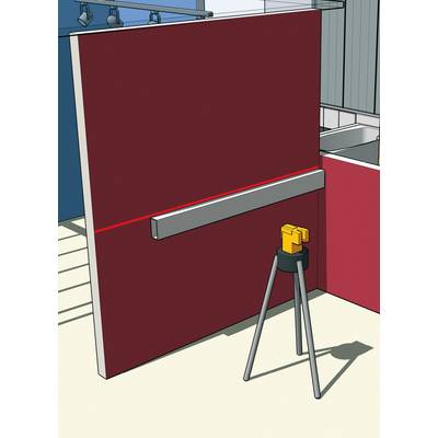 Ein Laser-Nivellierer auf einem Stativ projiziert eine rote Linie auf eine rote Wand, um eine horizontale Ausrichtung zu gewährleisten.