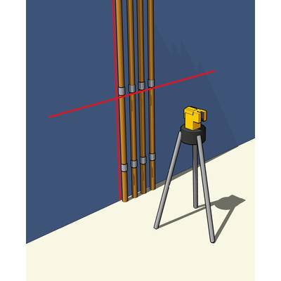 Ein Lasernivelliergerät auf einem Stativ projiziert rote Laserlinien horizontal und vertikal auf eine blaue Wand mit vier senkrechten Rohren.