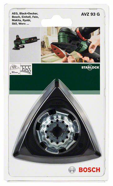 Die Verpackung zeigt ein Starlock-Dreieckschleifblatt von Bosch, passend für verschiedene Werkzeugmarken, Größe 93 mm.