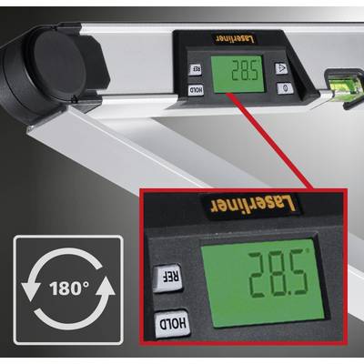 Digitaler Winkelmesser zeigt einen Wert von 28,5 Grad an. Das Display ist groß und klar ablesbar, mit einem 180-Grad-Drehbereich.