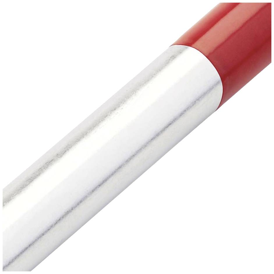 Roter und silberner Zylinder, möglicherweise ein Teil eines größeren Objekts, wie ein Stift oder Werkzeug.