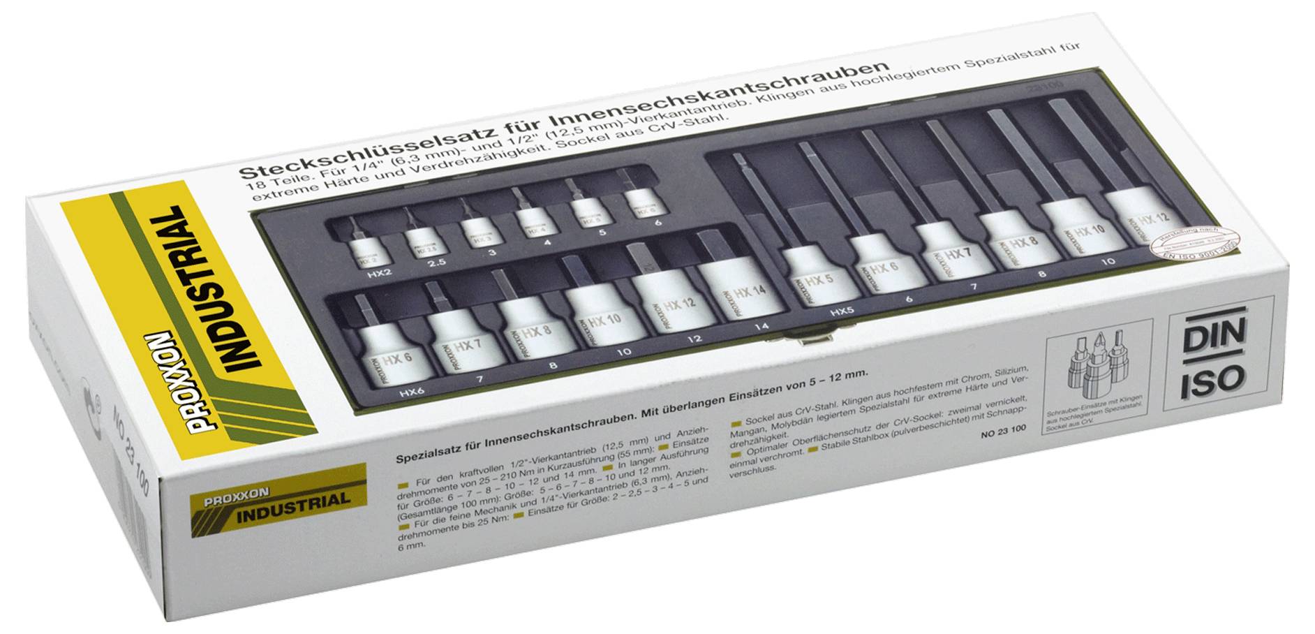 Steckschlüssel-Satz für Innensechskantschrauben, 1 bis 13 mm, in Verpackung von Proxxon Industrial. Enthält 12 Teile.