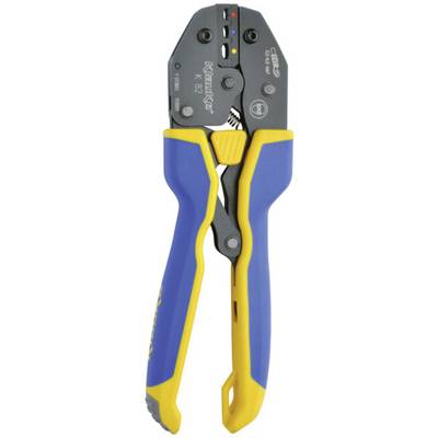Crimpzange mit blauen und gelben Griffen, verwendet zum Crimpen von elektrischen Anschlüssen, in geschlossener Position gezeigt.