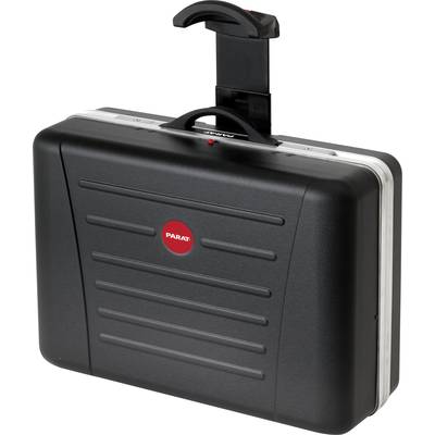 Ein schwarzer Werkzeugkoffer mit einem roten Logo in der Mitte und einem ausziehbaren Griff oben.