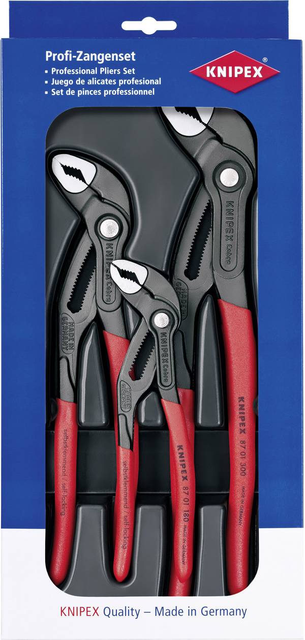 Knipex 00 20 09 V02 Werkstatt Wasserpumpenzangen-Set 3teilig Einstellung per Knopfdruck, Selbstklemmeffekt, Feinverstellung