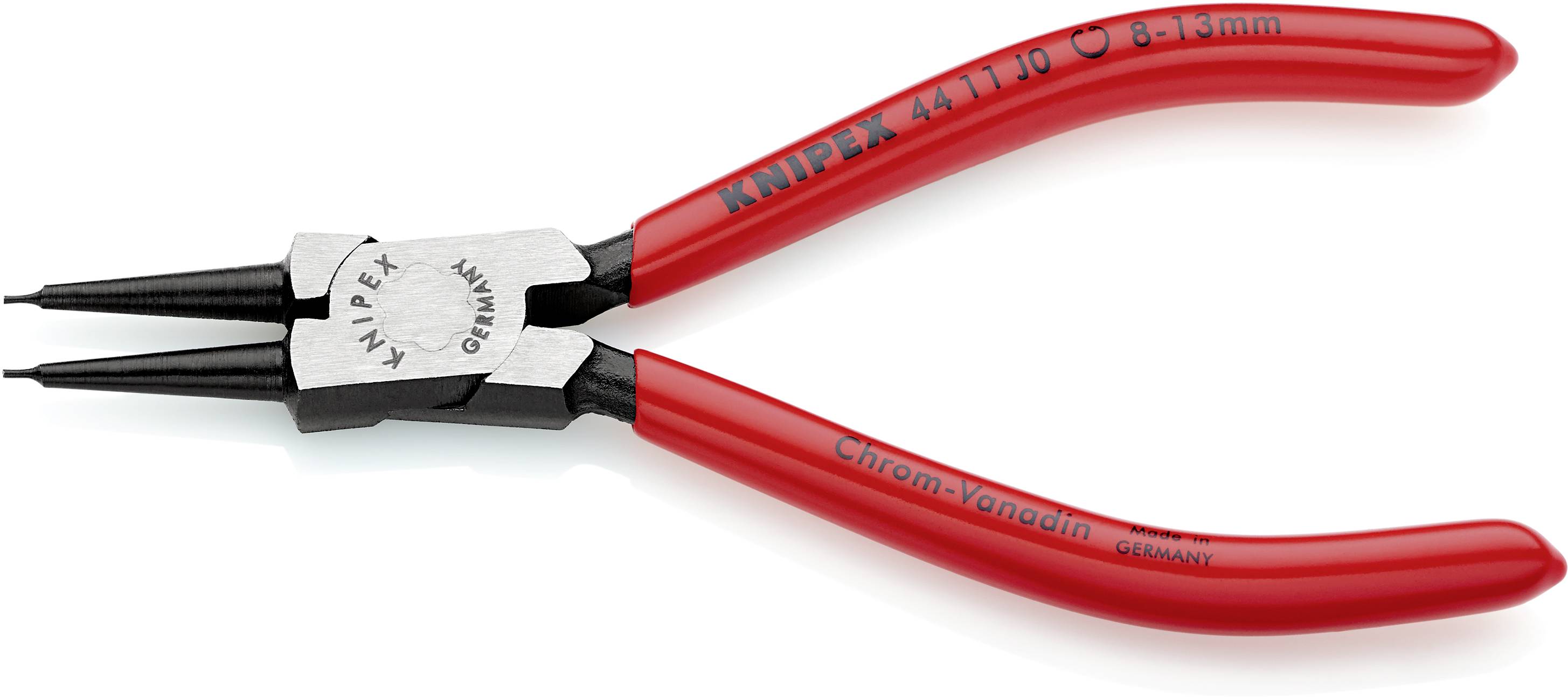 Eine rote Sprengringzange mit feinen Spitzen und Metallgriff wird gezeigt. Die Zange eignet sich, um Sprengringe von 8 bis 15 mm zu verwenden.
