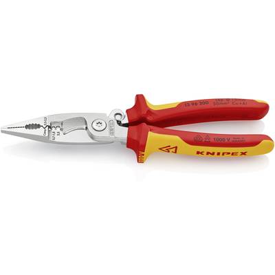 Eine rote und gelbe Kabelschere von Knipex, geeignet für Cu- und Al-Kabel bis 50 mm². Aufschrift: '1000 V', für Präzisionsschnitte.