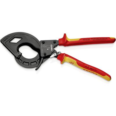 Schwarze Kabelschneidzange mit rotem Griff und gelber Isolierung, von Knipex, geeignet für Arbeiten an stromführenden Leitungen.