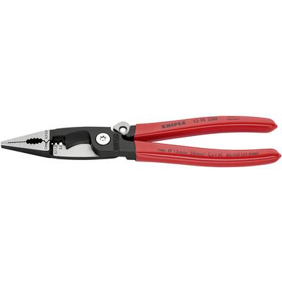 Eine rote Kombizange mit der Aufschrift 'Knipex 13 91 200', geeignet für Kabeldurchmesser bis 15 mm und Adern bis 50 mm².