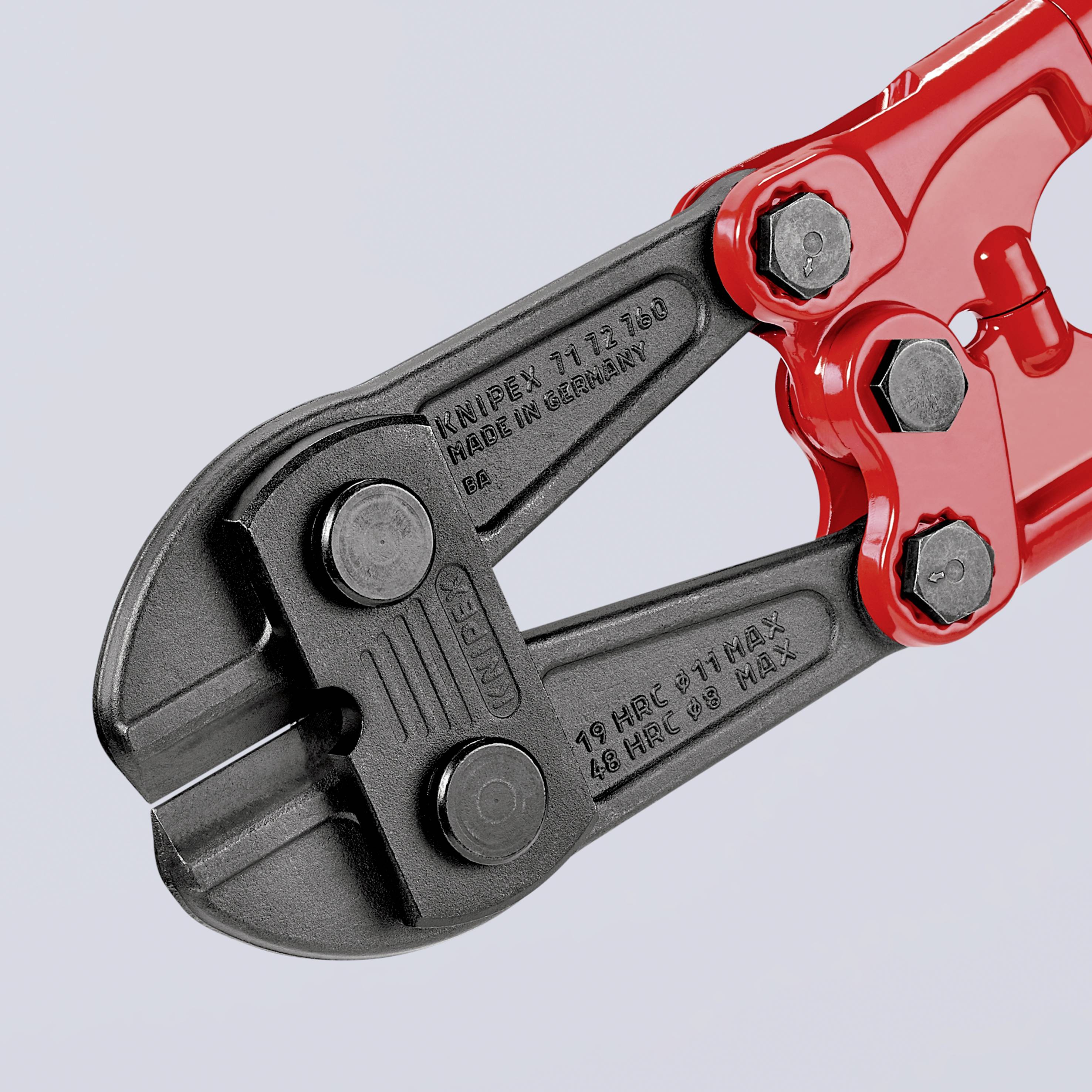Bolzenschneider mit rotem Griff, schwarz lackierten Klingen und Markierung 'KNIPEX 71 72 760, Made in Germany'.