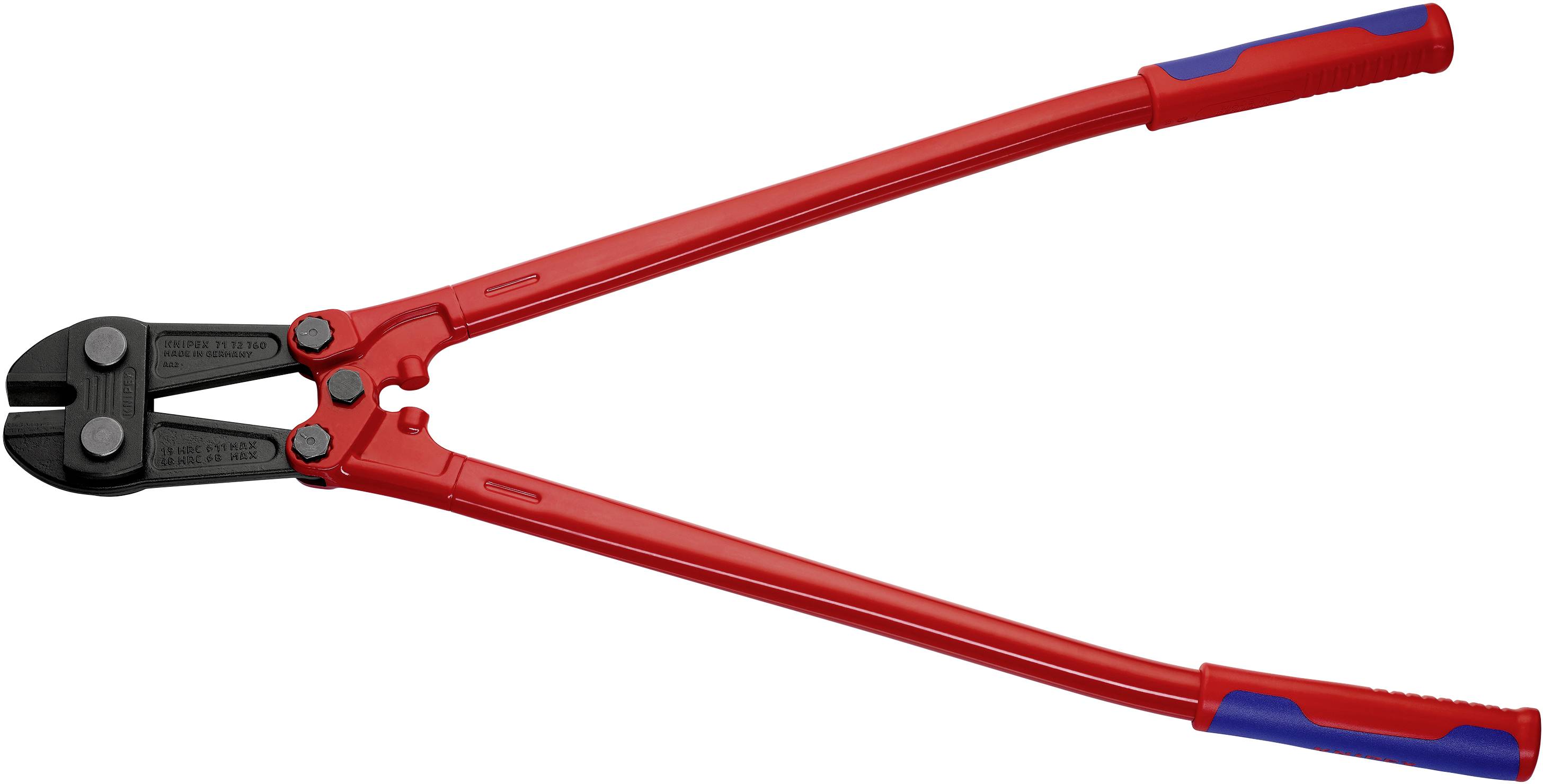 Rote Bolzenschneider mit schwarzen Klingen, Metallgriff mit isoliertem rotem Plastiküberzug. Werkzeug zur Trennung von starken Drähten.