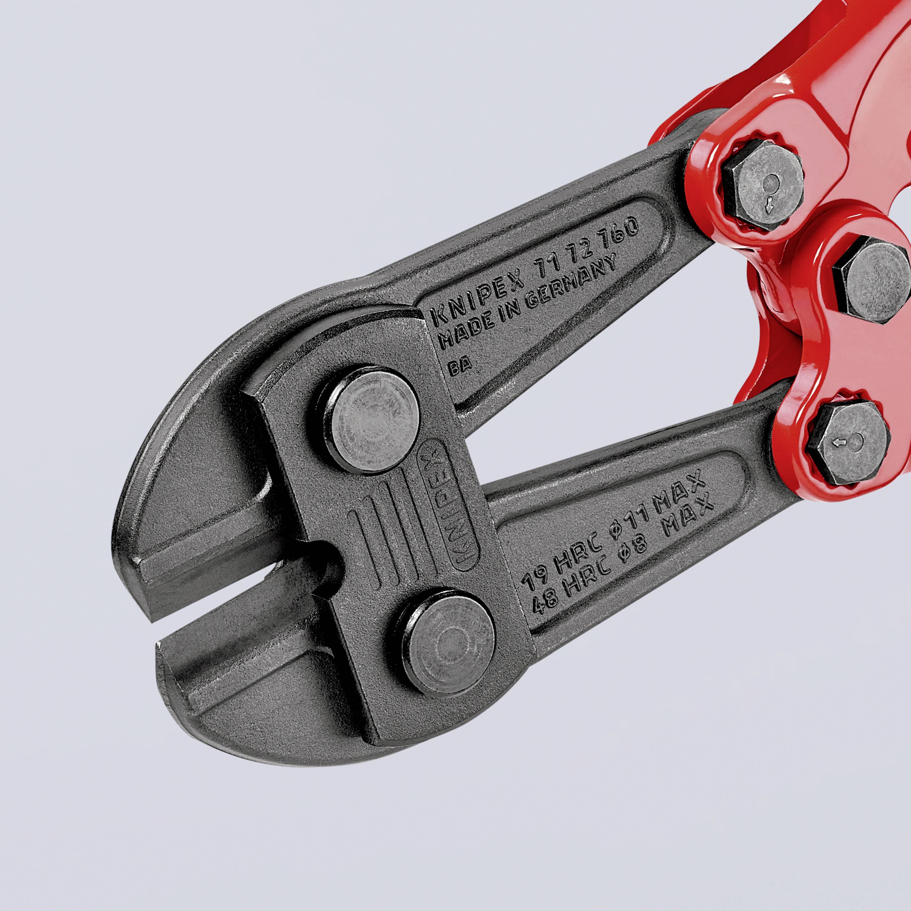 Ein Bolzenschneider mit roten Griffen und schwarzen Backen, hergestellt in Deutschland, geeignet für harte Werkstoffe bis 48 HRC.