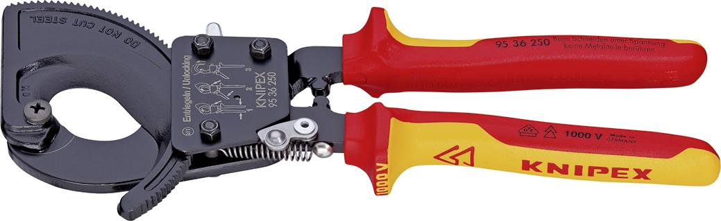 Eine rote und gelbe Kabelschere von Knipex, geeignet für das Schneiden von Kabeln. 'KNIPEX' ist auf dem Griff sichtbar.