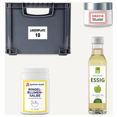 Etiketten für wetterfeste Beschriftung, geeignet für Innen- und Außenbereiche. Auf Klebefolien sind Warnsymbole und Produktnummern.