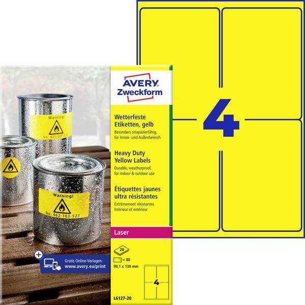 Avery-Zweckform Wetterfeste strapazierbare Folien-Etiketten  L6127-20 (33,1 x 139 mm) Permanent haftend Polyester-Folie 80 Etiketten