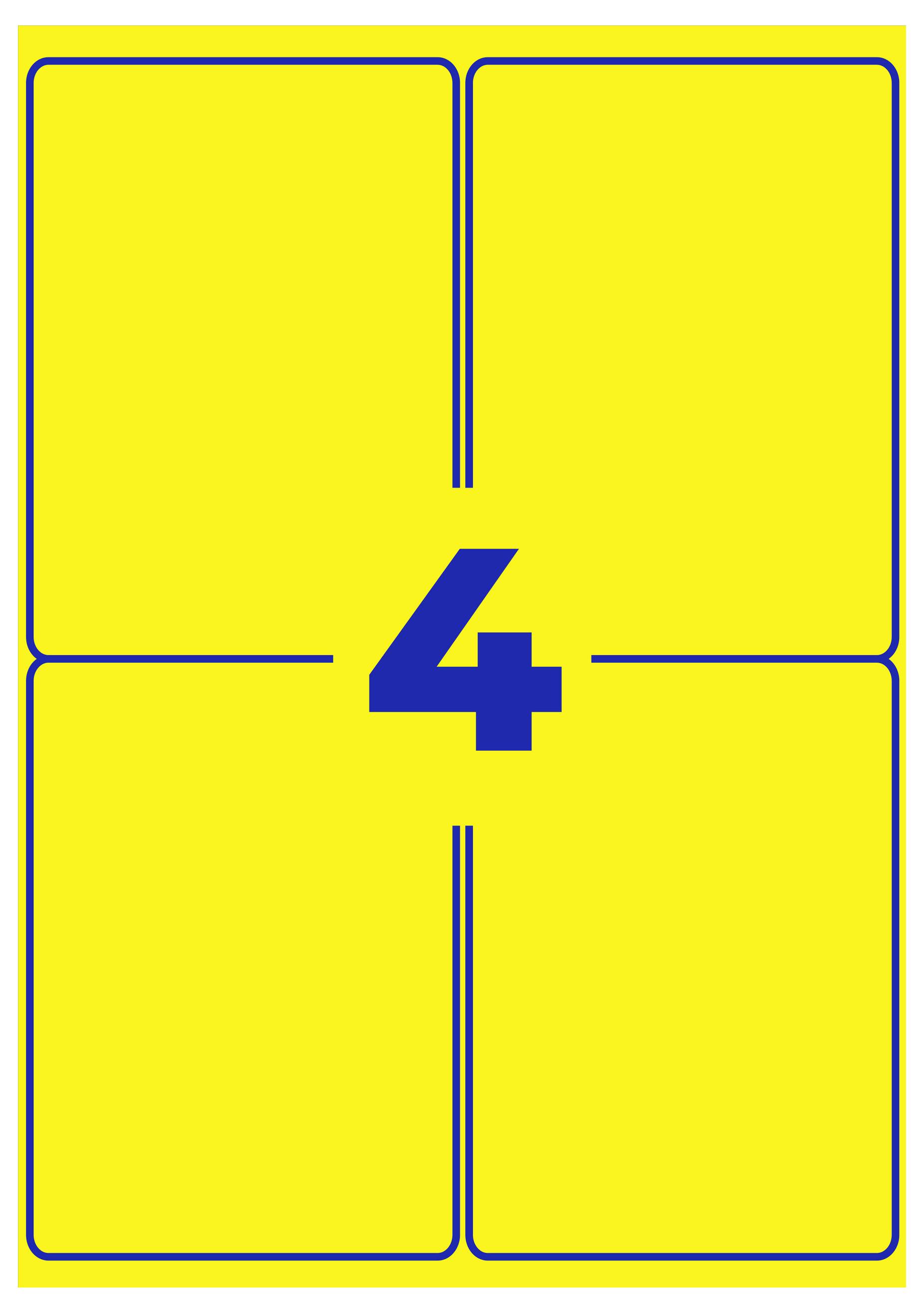 Gelbes Schild mit blauer Zahl 4 in der Mitte, durch blaue Linien in vier Felder geteilt.