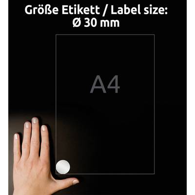 Hand neben A4-Blatt mit 30 mm Etikett. Text: 'Größe Etikett / Label size: Ø 30 mm'.